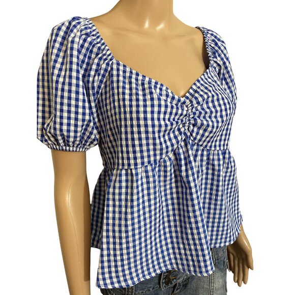 Active Usa Plaid Blue White Blouse Size Large - Picture 2 of 3